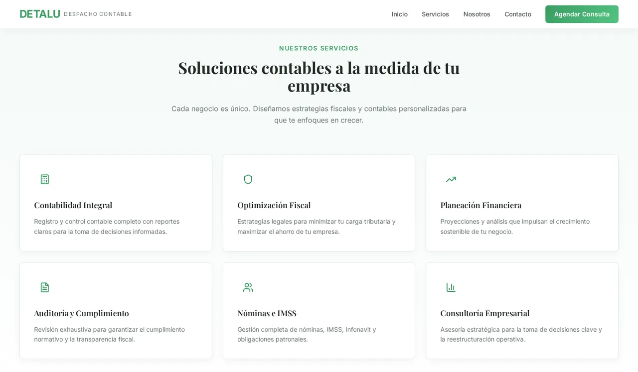 Sección de servicios de la página de DETALU