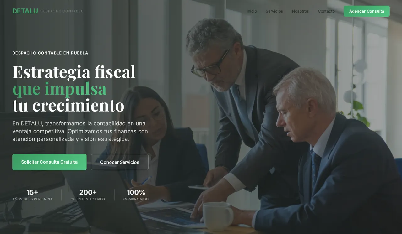 Página de inicio de DETALU, despacho contable en Puebla